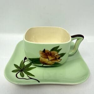 Weil Ware California Pottery Cup & Plate Set Hand Decorated Bamboo Lotus Vintage